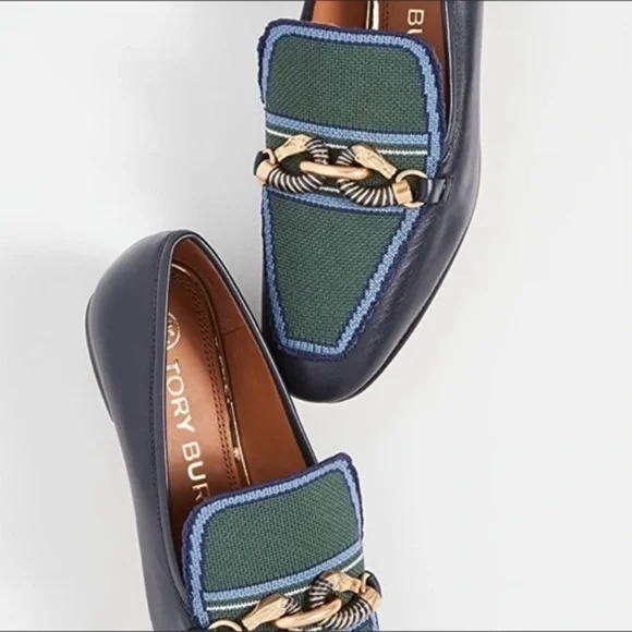 Tory Burch Loafers Jessa 20MM Calf Leafer in Navy Green Gold Chain - Picture 2 of 8